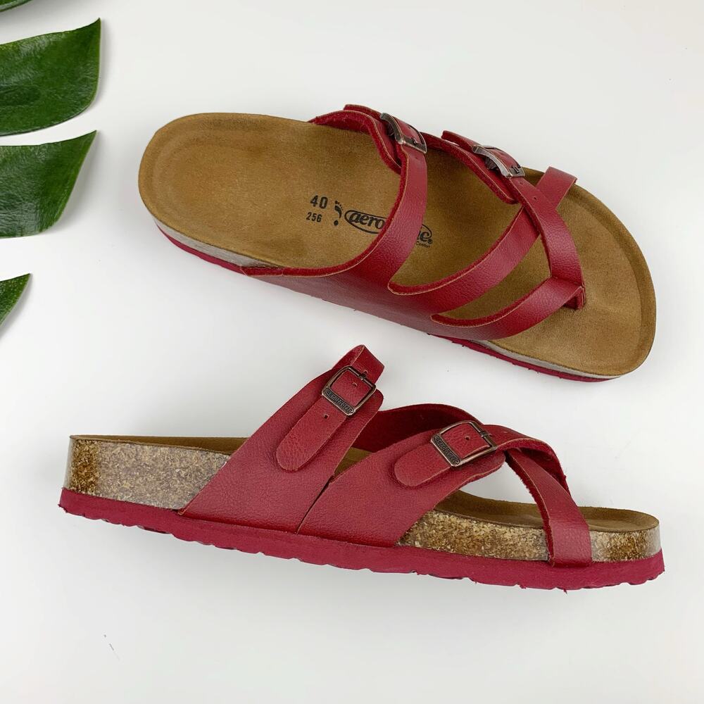 Aerothotic Celestis Sandals Slip On Slides Red Faux Leather Women's 40 US 10